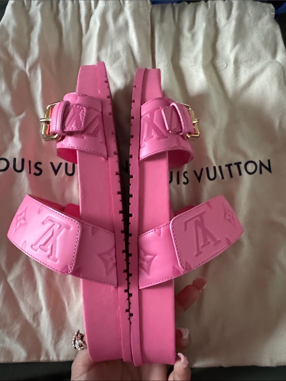 LV Calfskin Monogram Embossed Bom Dia Flat Mule Sandals - Picture 5 of 8